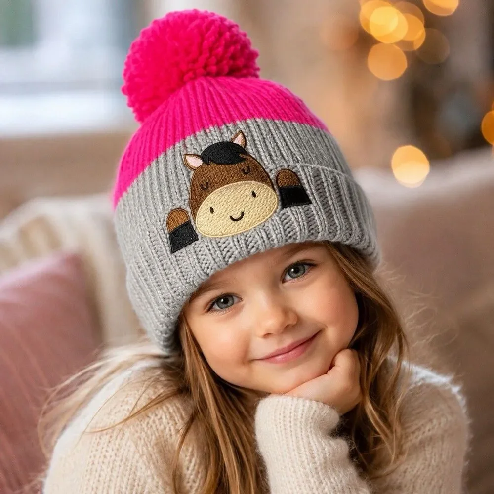 John Deere Toddler Girls Winter Knit Pom Hat Pink & Grey Horse One Size New